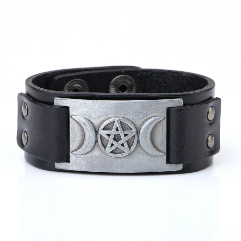 Triple Moon Goddess Pentagram Leather Bracelet