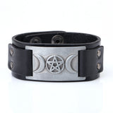 Triple Moon Goddess Pentagram Leather Bracelet