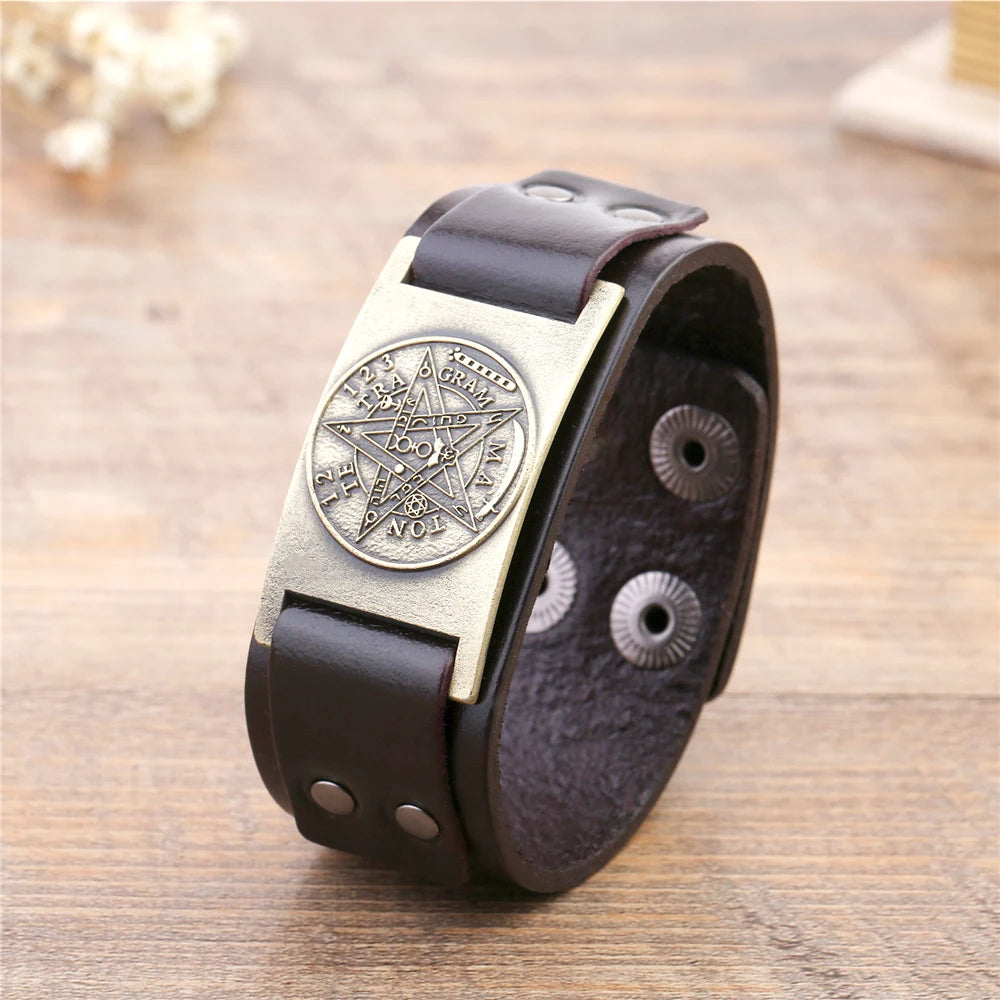 Tetragrammaton Pentacle Wiccan Leather Bracelet for Men