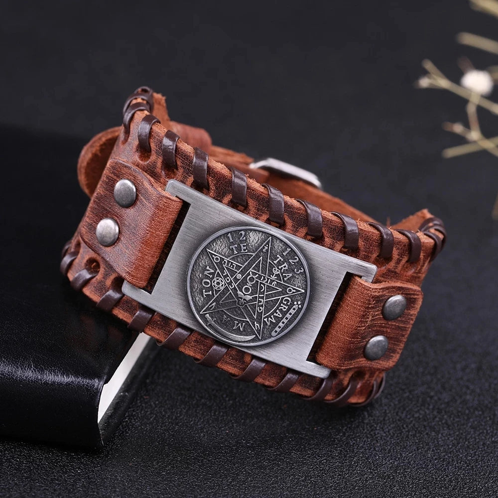Tetragrammaton Pentacle Wiccan Leather Bracelet for Men