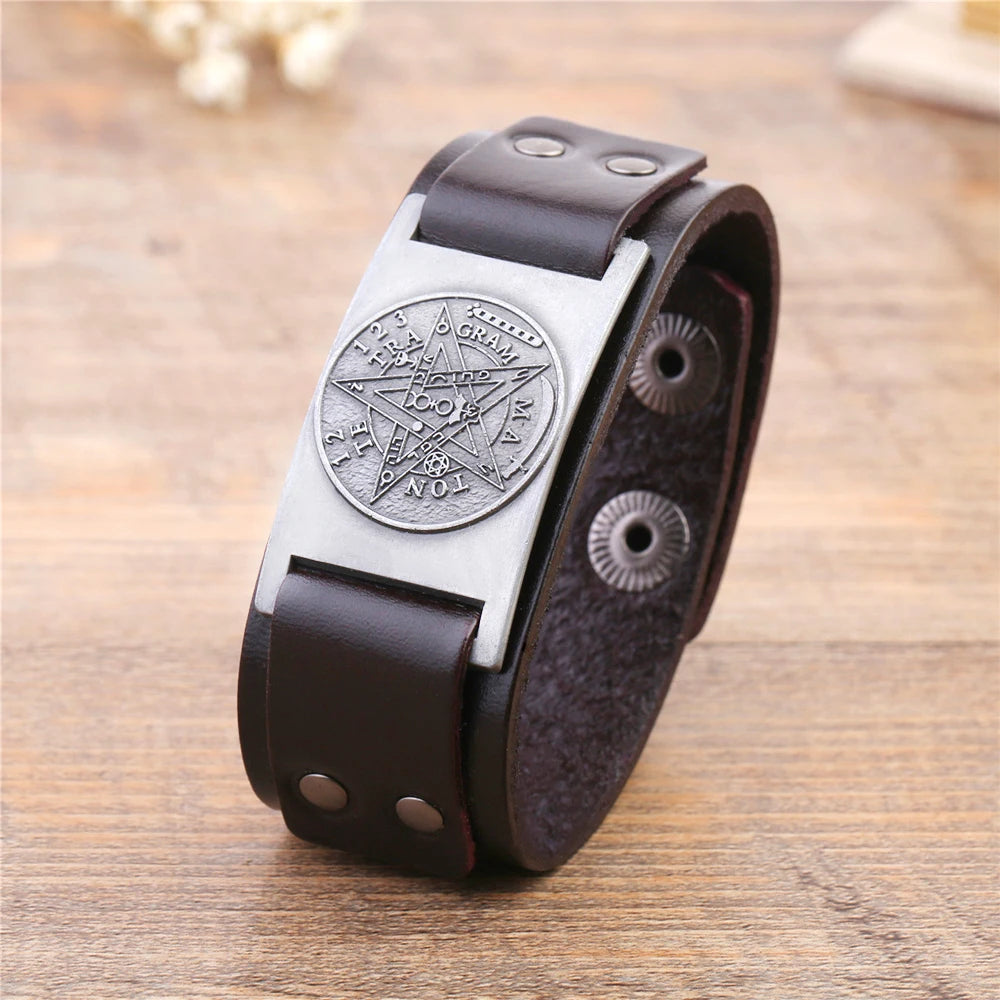 Tetragrammaton Pentacle Wiccan Leather Bracelet for Men