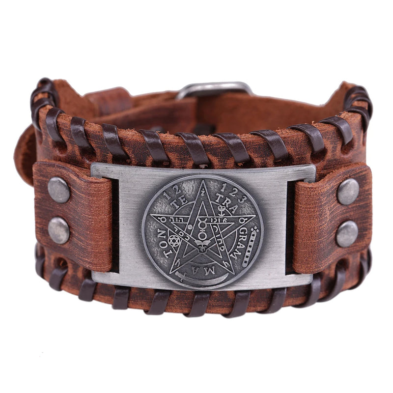 Tetragrammaton Pentacle Wiccan Leather Bracelet for Men