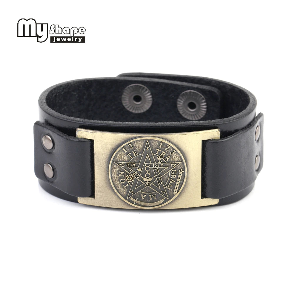 Tetragrammaton Pentacle Wiccan Leather Bracelet for Men