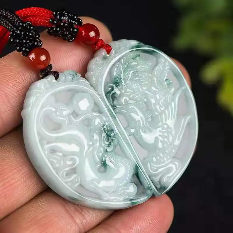 Myanmar Jadeite Dragon Phoenix Pair Pendant Men Women