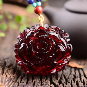 Myanmar Red Blood Flower Peony Pendant Amber Honey Wax Drop Necklace