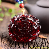 Myanmar Red Blood Flower Peony Pendant Amber Honey Wax Drop Necklace