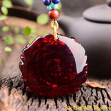 Myanmar Red Blood Flower Peony Pendant Amber Honey Wax Drop Necklace