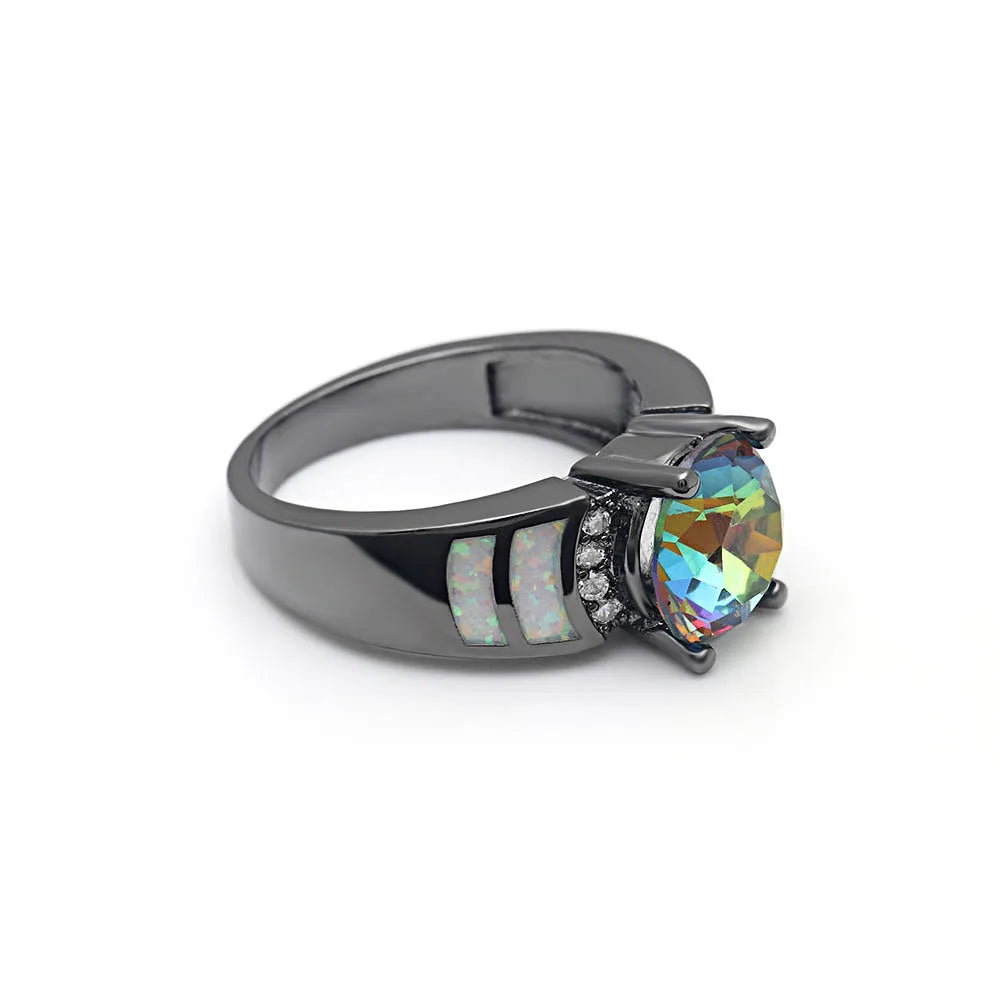 Mysterious Rainbow Opal Ring Zircon Multi-color Yellow Rings