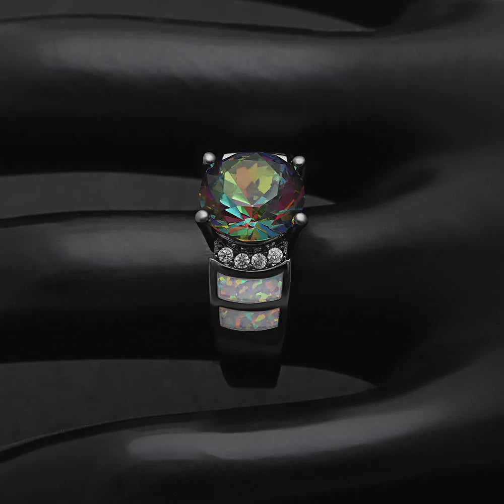 Mysterious Rainbow Opal Ring Zircon Multi-color Yellow Rings