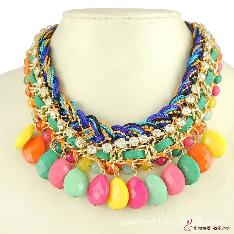 Water Drop Tassel Necklace with Beaded Braided Chain