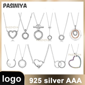 Sterling Silver Necklace Snake Bone Chain Pattern Rainbow Love Heart Double Ring
