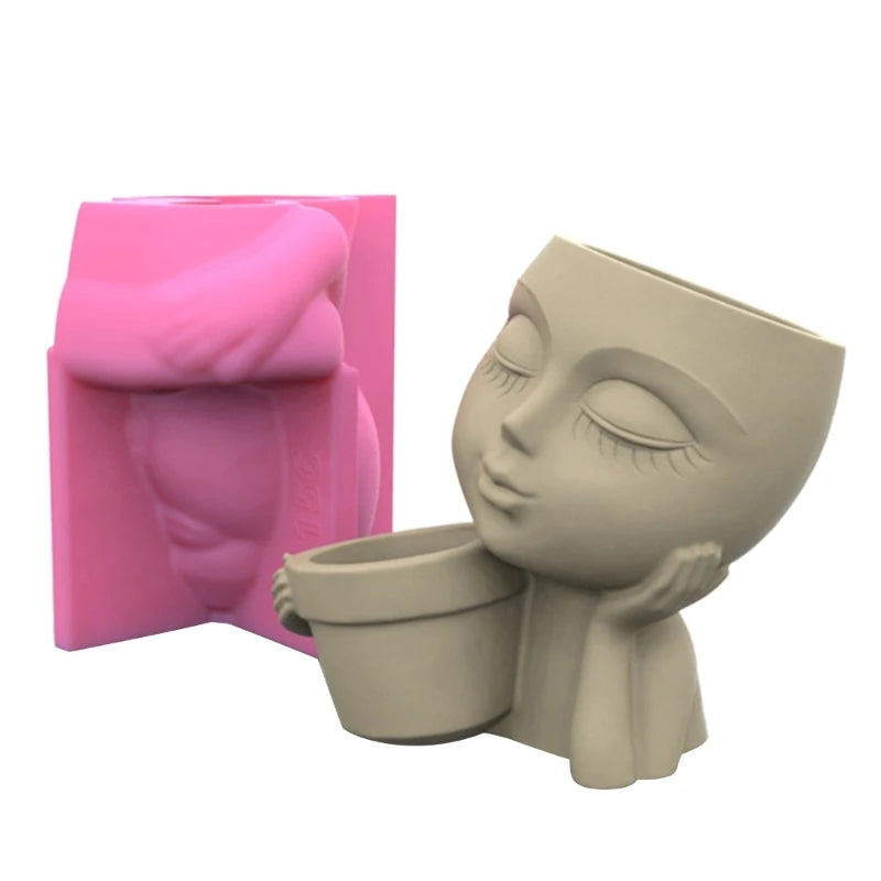 N58F Human Face Doll Gypsum Flower Pot Silicone Mold Epoxy Casting Mold