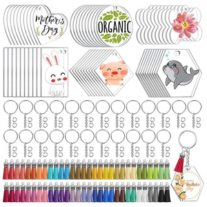 Acrylic Keychain Set: 60 Blanks, Tassels, Rings, Extension Chain