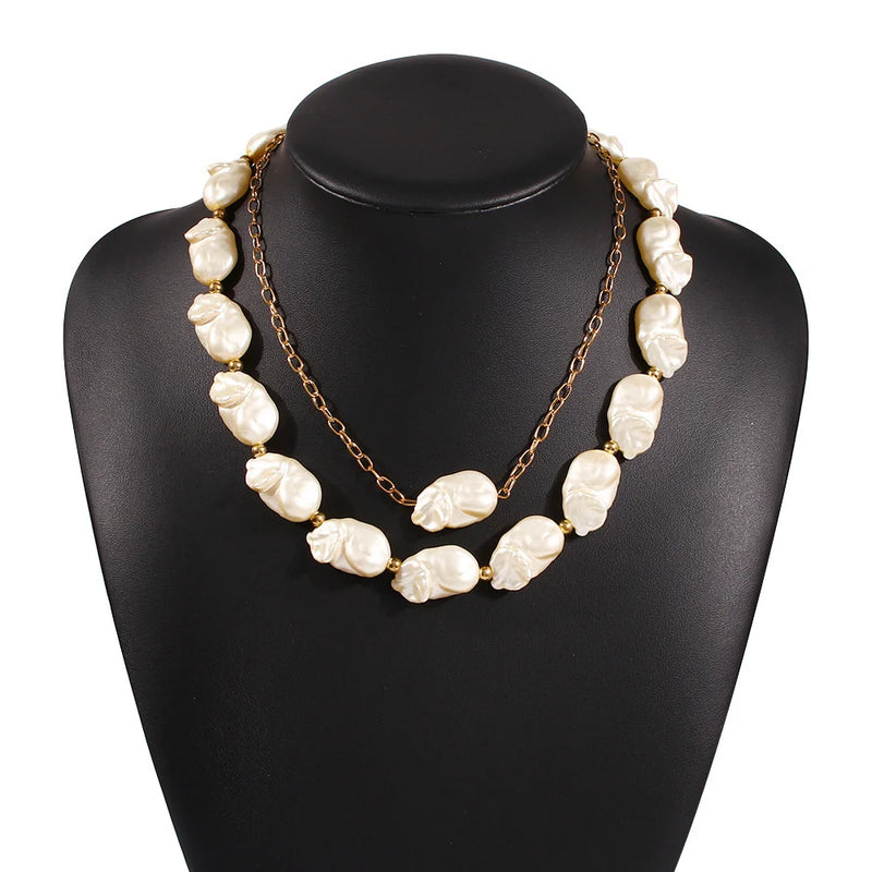 N7377 Alloy Double-Layer Pearl Necklace Set Baroque Hip-Hop Clavicle Chain