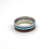 8mm Stainless Steel Ring with Opal and Wood Inlaid Wedding Band