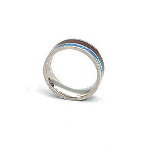 8mm Stainless Steel Ring with Opal and Wood Inlaid Wedding Band