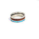 8mm Stainless Steel Ring with Opal and Wood Inlaid Wedding Band