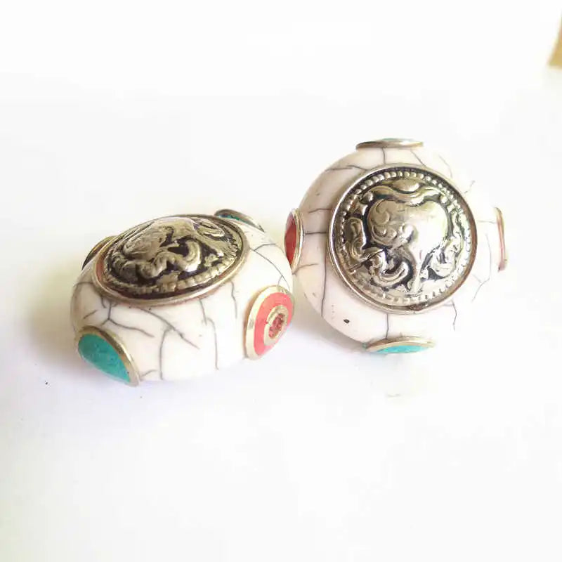 NBB242 Tibetan Sea Snail Amulet Beads 28mm Nepal Hand Metal Inlay Stone 2PCS