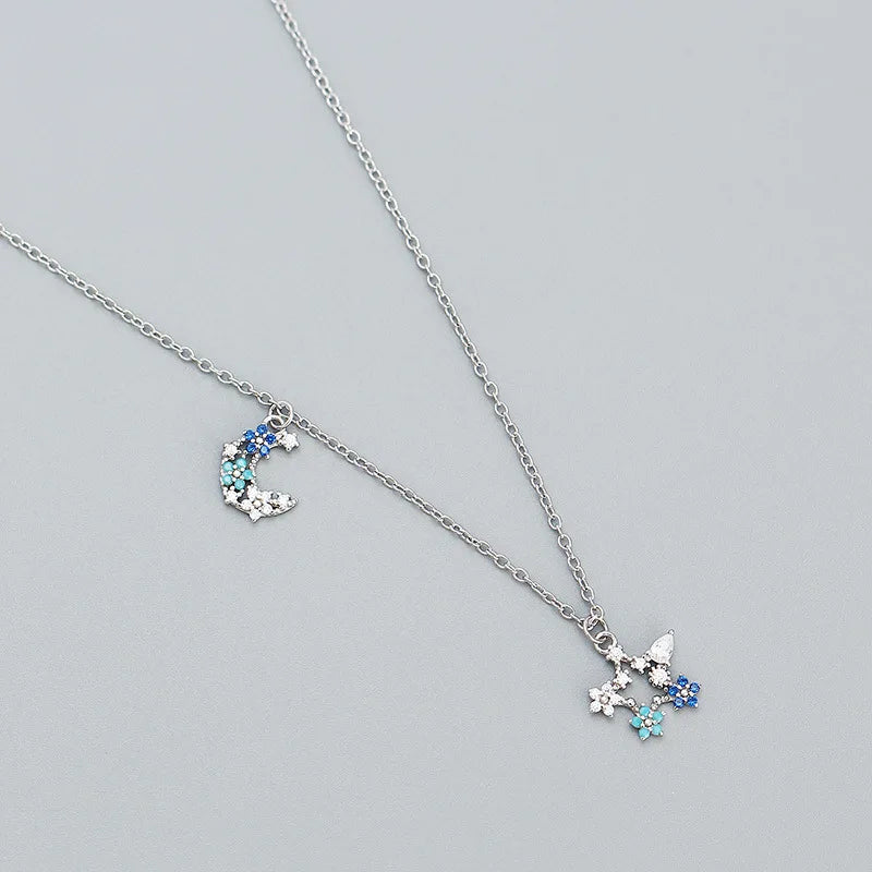 925 Silver Zircon Star Moon Necklace Women Delicate Jewelry Gift
