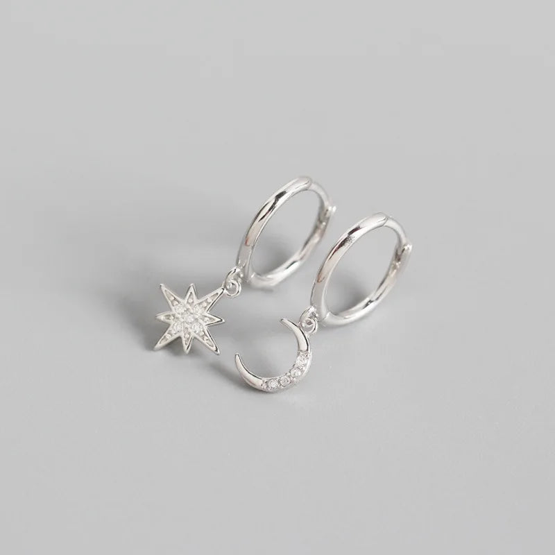 925 Silver Zircon Star Moon Earrings Gift for Women Girls