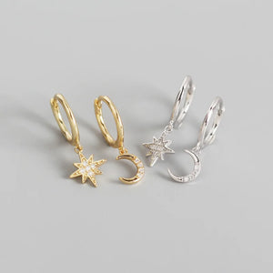 925 Silver Zircon Star Moon Earrings Gift for Women Girls