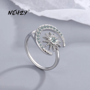 925 Silver CZ Star Moon Open Ring Size Adjustable