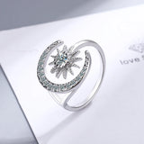 925 Silver CZ Star Moon Open Ring Size Adjustable