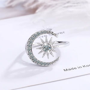 925 Silver CZ Star Moon Open Ring Size Adjustable
