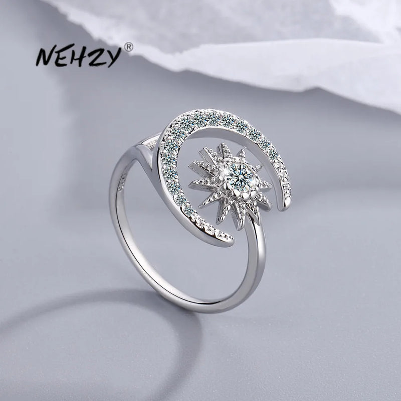 925 Silver CZ Star Moon Open Ring Size Adjustable