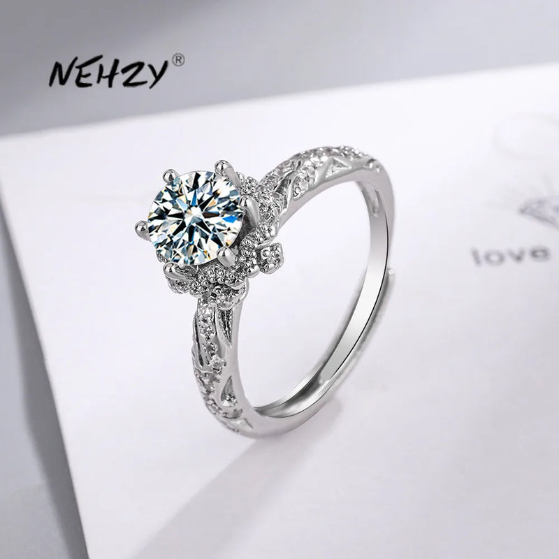 925 Silver Needle Women's CZ Flower Shape Adjustable Ring