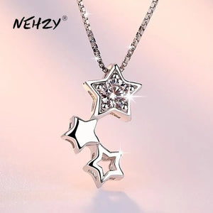 Silver Plated Necklace Pendant Five-pointed Star CZ Jewelry 45CM
