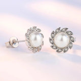 Silver Plating Stud Earrings Wind Leaf CZ Pearl Hot Earrings