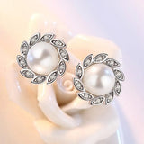 Silver Plating Stud Earrings Wind Leaf CZ Pearl Hot Earrings
