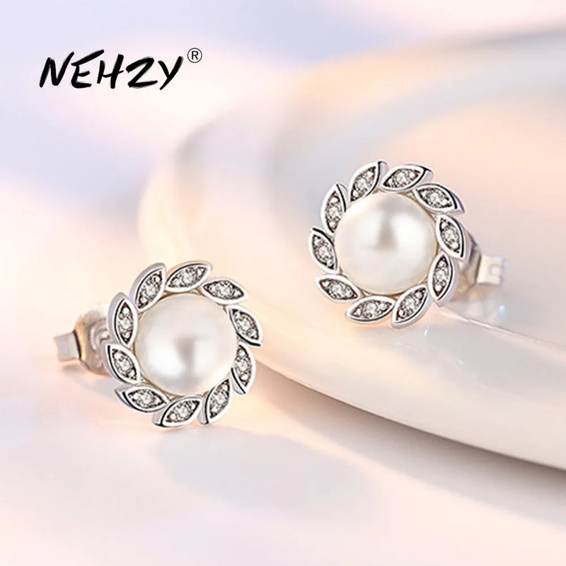 Silver Plating Stud Earrings Wind Leaf CZ Pearl Hot Earrings