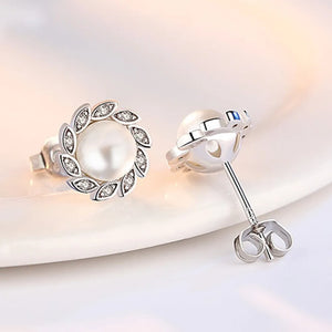 Silver Plating Stud Earrings Wind Leaf CZ Pearl Hot Earrings