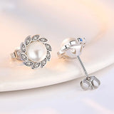 Silver Plating Stud Earrings Wind Leaf CZ Pearl Hot Earrings