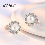 Silver Plating Stud Earrings Wind Leaf CZ Pearl Hot Earrings