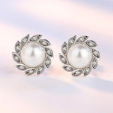 Silver Plating Stud Earrings Wind Leaf CZ Pearl Hot Earrings
