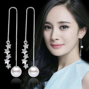Silver Plated CZ Pearl Leaves Tassel Earrings Long