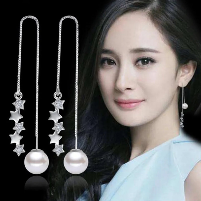 Silver Plated CZ Pearl Leaves Tassel Earrings Long