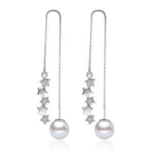 Silver Plated CZ Pearl Leaves Tassel Earrings Long