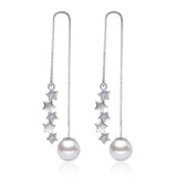 Silver Plated CZ Pearl Leaves Tassel Earrings Long