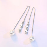 Silver Plated CZ Pearl Leaves Tassel Earrings Long