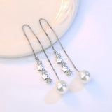 Silver Plated CZ Pearl Leaves Tassel Earrings Long