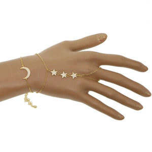 925 Silver Filled CZ Moon Star Charm Double Chain Slave Bracelet