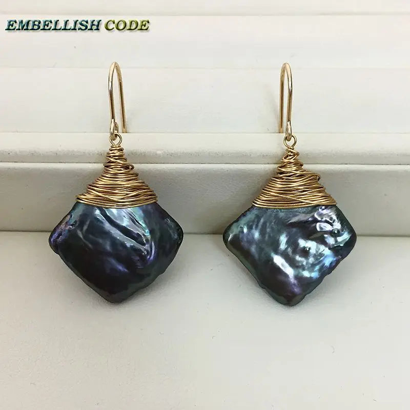 Green Pearl Gold-Plated Dangle Earrings Baroque Square Shape