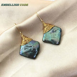 Green Pearl Gold-Plated Dangle Earrings Baroque Square Shape