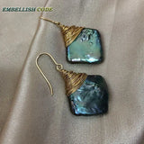 Green Pearl Gold-Plated Dangle Earrings Baroque Square Shape