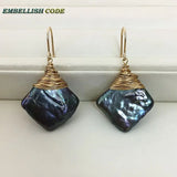 Green Pearl Gold-Plated Dangle Earrings Baroque Square Shape