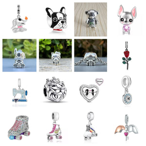 Dog Roller Skates Heart Dangle Bead Charms Silver Bracelet DIY Jewelry